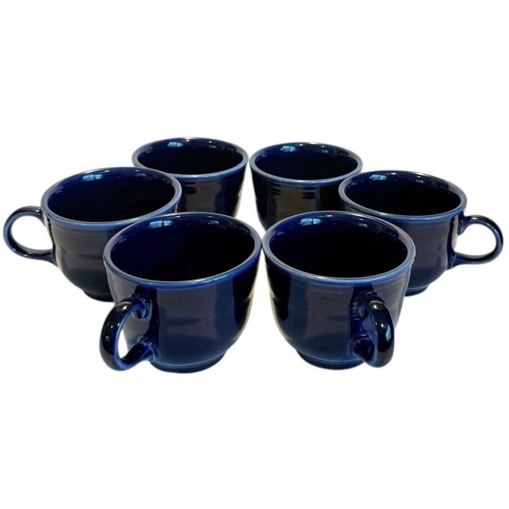 Vtg Fiestaware HLC Art Deco MCM Set of 6 Retired Cobalt Blue Tea Cups & Saucers